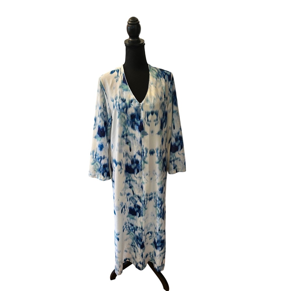 Oscar de la Renta Pink Label Blue White Abstract Ikat Kaftan House Dress Small